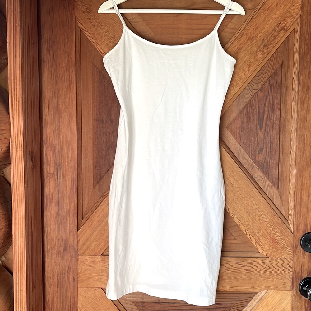 Spaghetti strap white cotton dress.